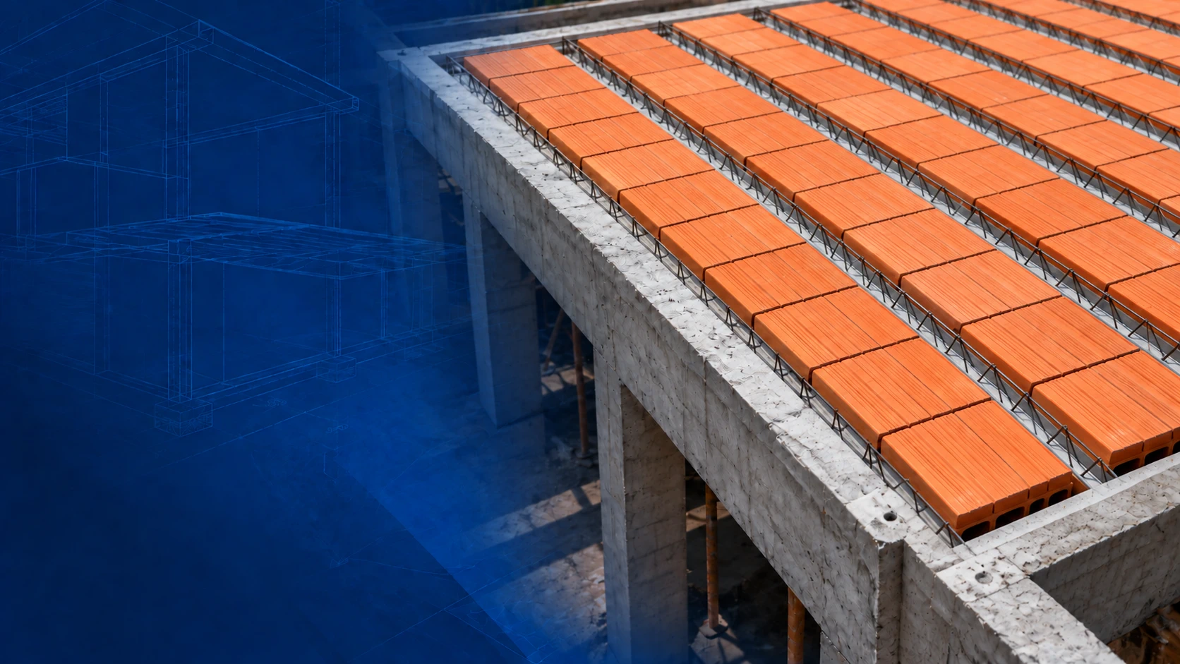 Laje H8 com lajotas cerâmicas, vigotas treliçadas e apoio em viga de concreto